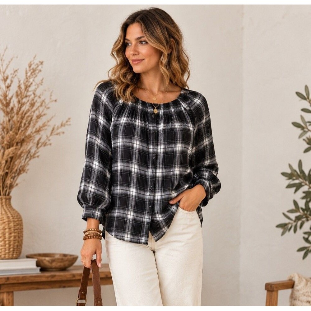 LOFT Womens Small Black Plaid Blouse Smocked Boho Cottagecore Peasant Top
